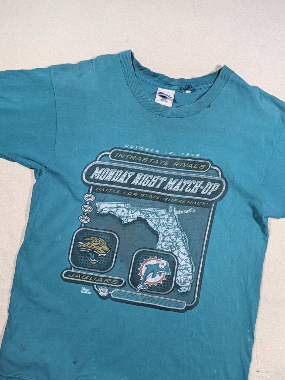 Vintage 90s Thrashed Pro Player Jaguars Dolphins MNF Teal Shirt L Distressed